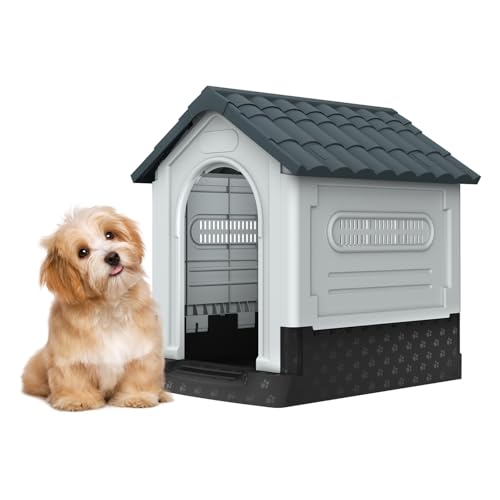 Kuro sagol Hundehütte Outdoor Hundehöhle Hundehaus mit Tür und Oberlichter Wasserdicht & UV-beständig Draußen Kunststoff Haustierhaus, 65x56x67cm - Ideal für den Innen- und Außenbereich von Kuro-sagol