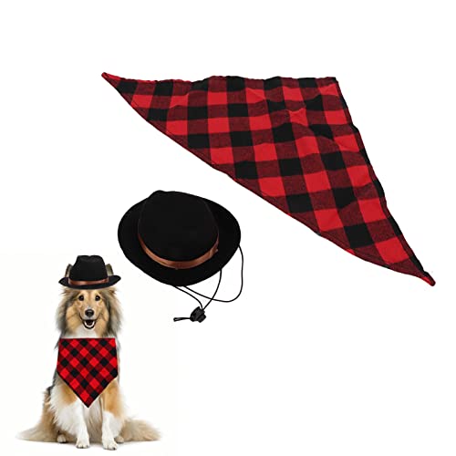 Kuuleyn Hunde-Cowboy-Mütze und Schal, Hunde-Cowboy-Kostüm, Cowboy-Hut mit Bandana-Schal-Set, verstellbares Haustier-Cowboy-Kostüm-Set für Halloween-Party-Rollenspiele (Black+red Grid) von Kuuleyn