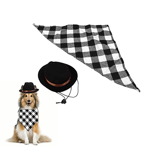 Kuuleyn Hunde-Cowboy-Mütze und Schal, Hunde-Cowboy-Kostüm, Cowboy-Hut mit Bandana-Schal-Set, verstellbares Haustier-Cowboy-Kostüm-Set für Halloween-Party-Rollenspiele (Black + Black Grid) von Kuuleyn