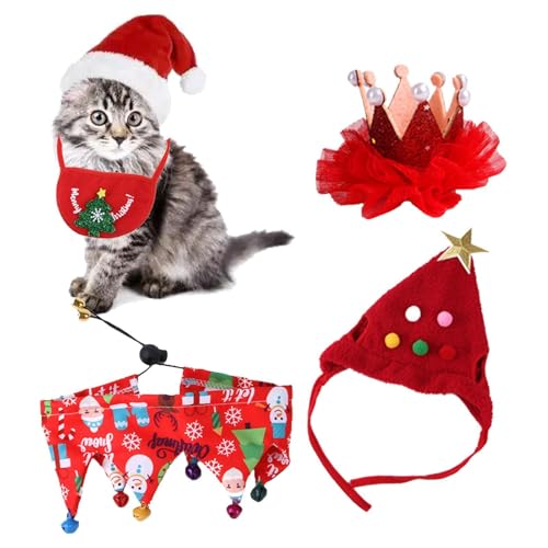 Kuxiptin Weihnachtskatzen-Outfit | Katzenkostüm, Haustierkleidung, Hunde-Outfits, 4 Stück - Weihnachts-Plüsch-Haarspangen, Schal, Lätzchen, Weihnachtsmützen, niedlicher Kostümanzug für lustige Katzen, von Kuxiptin