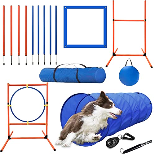 Kvittra Hund Agilität Training Ausrüstung Set, Hund Jump Training Hinderniskurs Starter Kit Haustier Agilität Outdoor Spiele Hund Outdoor Spiele mit Tunnel, Weave Poles, Einstellbare Hürde, Sprungring von Kvittra