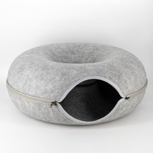 Katzentunnel Katzenhöhle Katzen Donut, Maße 50x50x20cm, Farbe: Grau,aus Filz gefertigt, runde Form, modernes Design, Katzen Höhle, zum Spielen zum Schlafen zum Kratzen von Kvota