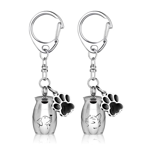 KyeeaDIY 2PK Urnenketten für Asche Edelstahl Hundeurnen, Schlüsselanhänger Urne Hund Urnen Anhänger Mini Katze Hamster Kaninchen Gedenkurne Cat/Dog Urn (Katze Hund Muster) von KyeeaDIY