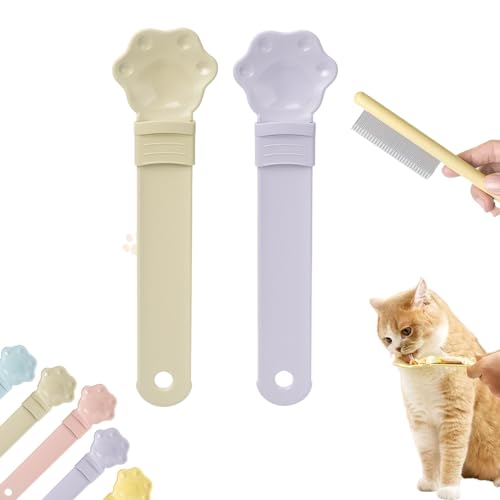 KyneLit Katzenfutterstation, glücklicher Löffel für Katzen, Katzenstreifen, multifunktionaler Katzenfutterspender für Hunde und Katzen (Beige + Lila) von KyneLit