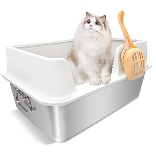 L&W BROS. Katzentoilette aus Edelstahl mit Deckel, Schaufel und Griff, 50 x 34,8 x 24,1 cm, Katzentoilette aus Edelstahl für große Katzen, leicht zu reinigen, keine Geruchsrückstände, von L&W BROS.