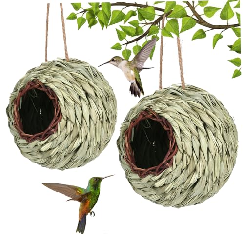 Kolibri-Haus, 2 Stück, aus Gras gewebtes Kolibri-Nest mit hängendem Seil, Kugelform, Vogelhaus für Terrasse, Rasen, Garten, Dekoration, Kolibri-Geschenke für Vogelliebhaber von LAANCOO