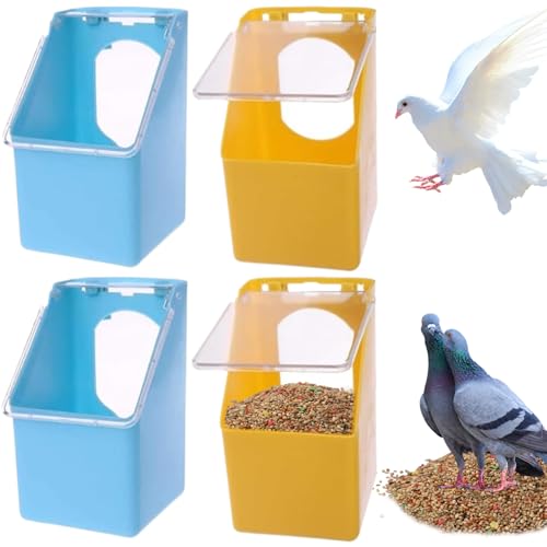 LAANCOO Vogelhäuschen für Käfig, 4pcs Taubenerhahn mit Deckel, 4x5,5 x 3 Zoll Hanging Käfig Vogelfutter, Blauer und gelbe Plastik -Vogelhäuschen, einfache Waschvogel -Feeder für Käfig von LAANCOO