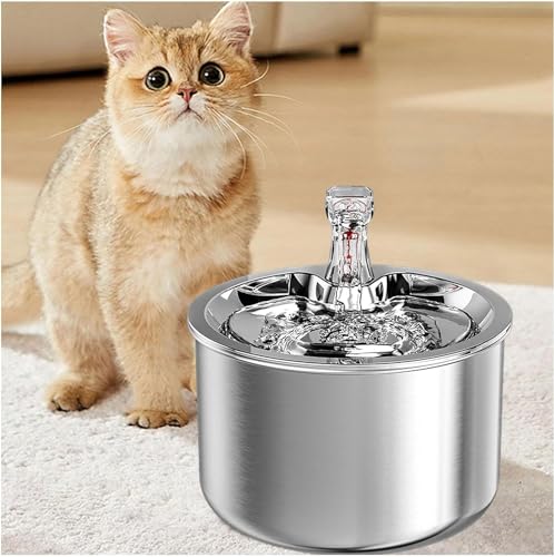 Katzen-Wasserbrunnen, Haustierbrunnen, Katzen-Wasserbrunnen, Hunde-Wasserspender, 2 l, lebensmittelechter Edelstahl, stumm, einfacher Reise-Wasserbrunnen für Hunde, geeignet für kleine/große Katzen von LABLADUO