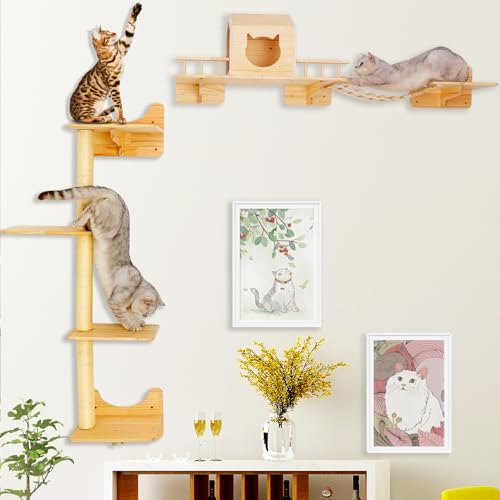 LADVATKIN Katzen Kletterwand Set,Katzenregale für die Wand, wandmontiertes Katzenmöbel-Set, Katzenwandregal mit 1 Katzenhaus, 1 Brückenleiter, 3 Kratzpfosten und 5 Stufen von LADVATKIN