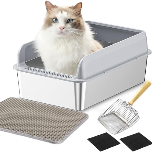 LADYSONS Katzenklo Edelstahl, Katzentoilette, Katzenklo Groß, Auslaufsicher und Gegen Halbgeschlossen Katzentoilette, Leichtere Reinigung, mit Katzenstreuschaufel und Matte 50 x 35 x 20 cm von LADYSONS