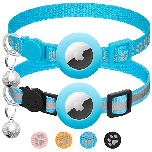 LAFAYI 2er Pack Airtag Katzenhalsband mit Glocke,Reflektierend GPS Tracker Katze Apple Airtag Hülle,Personalisiert Airtag Halsband Katze mit Sicherheitsverschluss,Verstellbar für Katzen Halsband,Blau von LAFAYI