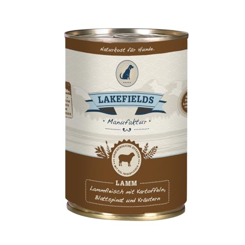 LAKEFIELDS MANUFAKTUR - Premium Hundefutter Nass - Lamm 60%, getreidefreies Nassfutter für Hunde, Dosenfleisch-Menü mit Lammfleisch, Zucchini, Karotten und Äpfeln, schonend gegart, 1 x 400g von Lakefields