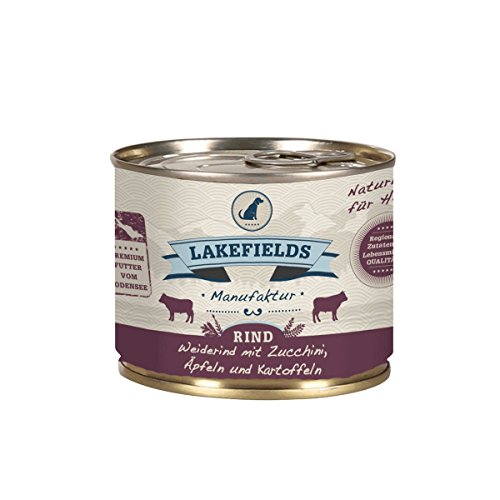 LAKEFIELDS MANUFAKTUR - Premium Hundefutter Nass - Rind 61%, getreidefreies Nassfutter für Hunde, Dosenfleisch-Menü mit Rindfleisch, Äpfeln, Zucchini, Karotten & Kräutern, schonend gegart, 6 x 200g von Lakefields