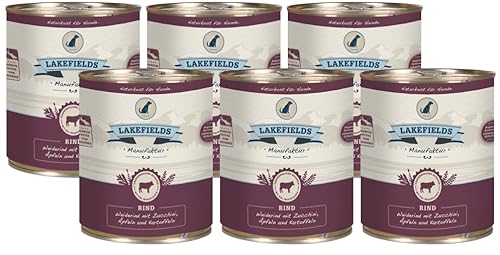 LAKEFIELDS MANUFAKTUR - Premium Hundefutter Nass - Rind 61%, getreidefreies Nassfutter für Hunde, Dosenfleisch-Menü mit Rindfleisch, Äpfeln, Zucchini, Karotten & Kräutern, schonend gegart, 6 x 800g von Lakefields