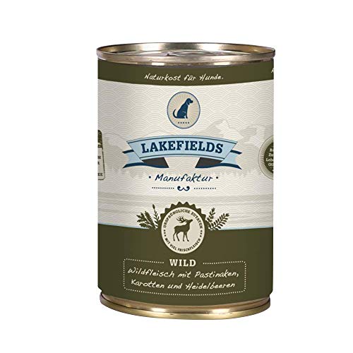 LAKEFIELDS MANUFAKTUR - Premium Hundefutter Nass - Wild 59%, getreidefreies Nassfutter für Hunde, Dosenfleisch-Menü mit Wildfleisch, Karotte, Kartoffeln und Heidelbeeren, schonend gegart, 6 x 800g von Lakefields