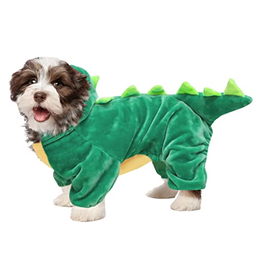 Hunde-Dinosaurier-Kostüm für kleine Hunde, lustiges Welpen-Kostüm, bequemer Haustier-Dino-Hoodie, warme, leichte Winterkleidung für Halloween (Grün, S) von LAKWAR