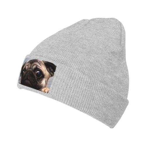 LAMAME Nette Haustier Mops gedruckt Mode Strickmütze Warme Wollmütze Casual Beanie Hut von LAMAME