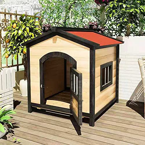 Hundehütte aus Holz im Freien, Kleintierunterschlupf, entworfene Hundehütte mit Türen und Fenstern, geeignet für kleine und mittelgroße Hunde (33,4 x 30,7 x 34,6) von LANAZU