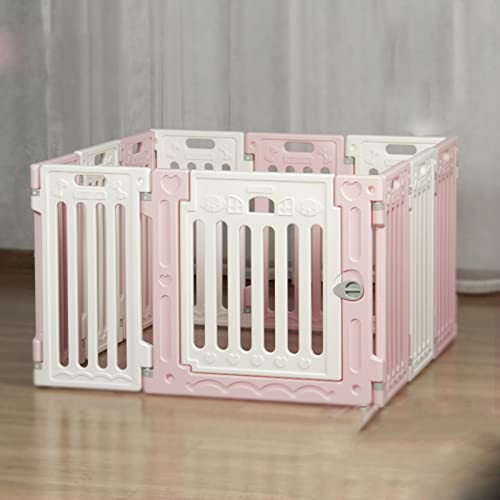 Katzen- und Hundekäfig, Kleiner und mittelgroßer Hundezaun, Kunststoffzaun, Heimisolationszaun, geeignet für Wohnzimmer, Balkon, Schlafzimmer (White pink 12+1) von LANAZU