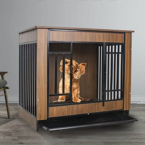 LANAZU Hundekäfig Möbel, Holz Haustier Hundehaus Auf Rädern, Indoor Hundekäfig Couchtisch, Abnehmbarer Boden, Geeignet für Kleine und Mittlere Hunde von LANAZU