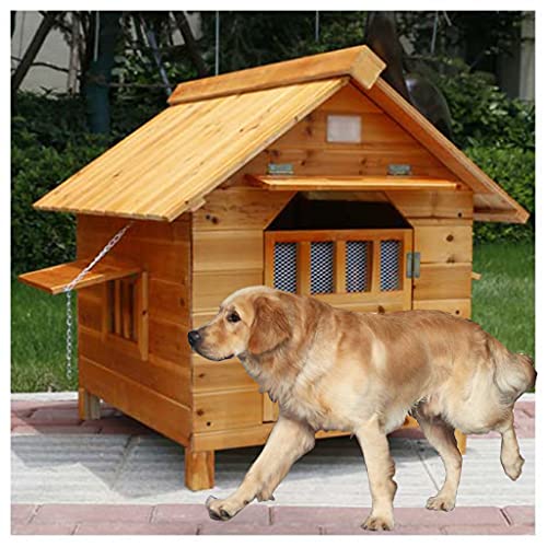 Wetterfeste Hundehütte im Freien, großes Haustierhaus aus Holz, Garten-Haustiervilla, geeignet für mittlere und große Haustiere (92×99×95cm) von LANAZU