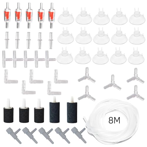 LANCARE 51 Stück Luftpumpe Zubehör Aquarium Zubehör inkl. 8M Transparent Silikonschlauch Sauerstoffstein Rückschlagventile Saugnäpfe Reglerventil und Y/T/L/I Form Stecker Standard Aquarium Zubehör von LANCARE