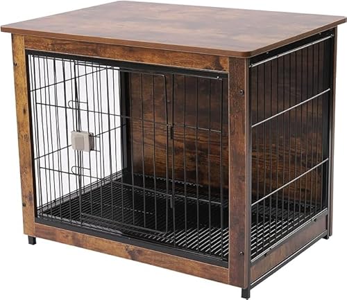 LANNADD Hundekäfig Aus Holz, Hundebox Moderne Indoor Mit Tischoberfläche Hundehütte Vintage, Hundekäfig Vintage Holz für Kleine Mittelgrosse Hunde (80x55x64.5cm-Braun) von LANNADD