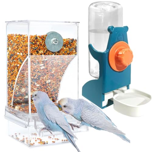 No Mess Vogelfutterspender Wasserspender Set, Automatischer Papageienfutterspender Käfig Zubehör, Klar Sittich Samen Behälter Futterspender Trinker für Käfig, Nymphensittich, Finken, Lovebirds von LANYOTA