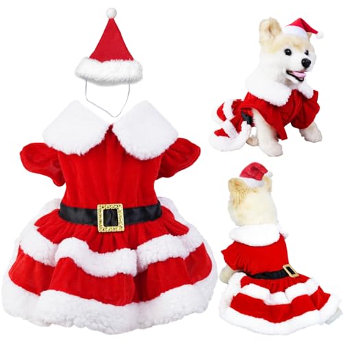 Hunde-Weihnachtskleid, Welpen-Outfit, Schulterärmel, Kleidung mit 1 Mütze, Zubehör, niedlicher roter Weihnachtsmann, Urlaub, Polarfleece-Rand, weicher Thermorock, Kostüm, Größe L von LAPOHI