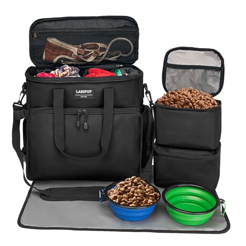 LARIPOP Hunde-Reisetasche, Wochenend-Haustier-Reisetaschen-Set für Hund und Katze, von Fluggesellschaften zugelassene Tragetasche, multifunktionale Hundetaschen für Reisen, 2 Frischhaltedosen, 2 von LARIPOP