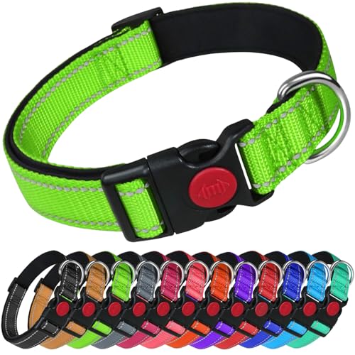 LARRYROO Reflektierendes Hundehalsband aus Nylon, Sicherheitsschnalle, voll verstellbar, weiche Neoprenpolsterung (Grün, Größe M (35 cm – 50 cm Hals)) von LARRYROO