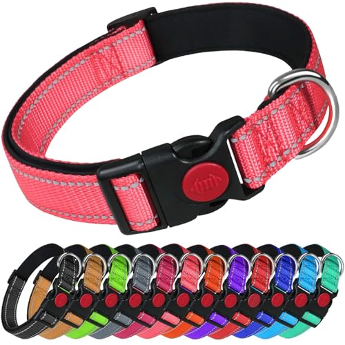 LARRYROO Reflektierendes Hundehalsband aus Nylon, Sicherheitsschnalle, voll verstellbar, weiche Neoprenpolsterung (Hellrosa, Größe M (35 cm – 50 cm Hals)) von LARRYROO