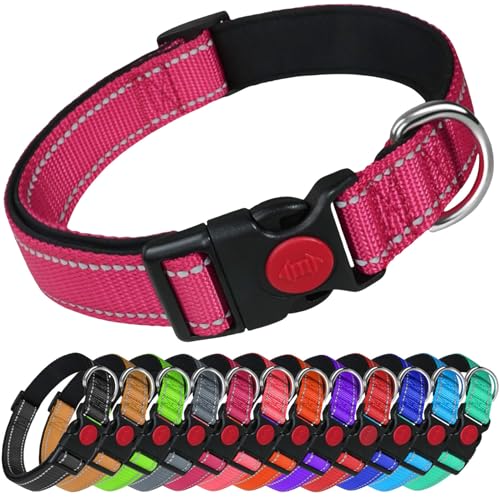 LARRYROO Reflektierendes Hundehalsband aus Nylon, Sicherheitsschnalle, voll verstellbar, weiche Neoprenpolsterung (Hot Pink, Größe L (40 cm – 60 cm Hals)) von LARRYROO