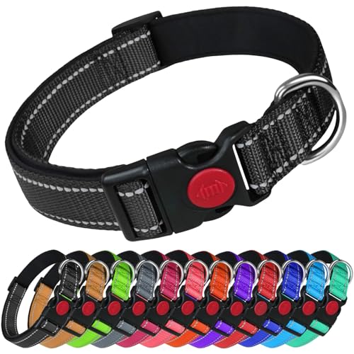 LARRYROO Reflektierendes Hundehalsband aus Nylon, Sicherheitsschnalle, voll verstellbar, weiche Neoprenpolsterung (Schwarz, Größe L (40 cm – 60 cm Hals)) von LARRYROO