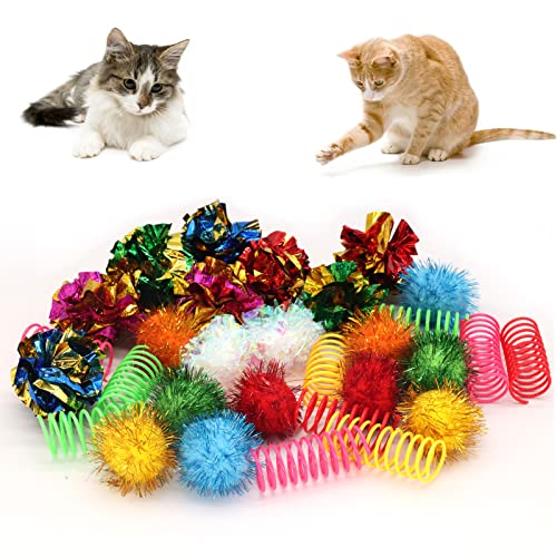 LASOCUHOO Cat Toys, 30PCS Interactive Cat Toy Pack Including Cat Crinkle Balls, Cat Sparkle Balls, Spiral Springs for Indoor Cats von LASOCUHOO