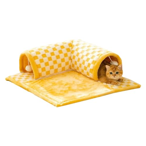 LATAFA 2-In-1 Plush Plaid Tunnel Bed - Tunnel Nest Cat Bed, Cat Bed with Tunnel, Bed with Toy Ball, Cat Cave Tube, Pet Play Tunnel, Multifunctional Cat Toys for Small Medium Large Cat von LATAFA