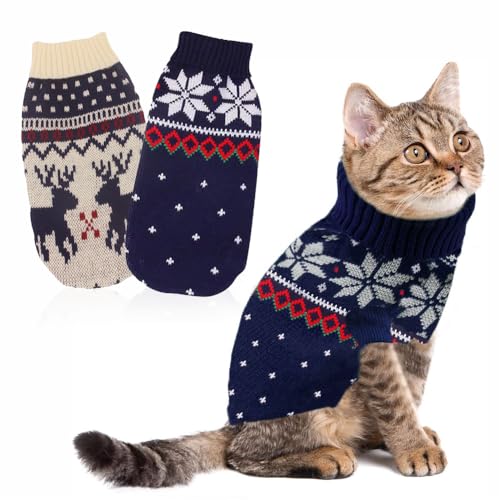 LATRAT 2er-Pack Weihnachts-Katzen-Hunde-Pullover, Schneeflocken, Rentier-Motiv, Strickwaren,Winterhaustierkleidung,Warme Haustierpullover für Kätzchen und kleine Hunde Elch und Kitz, Tiefblau, L von LATRAT