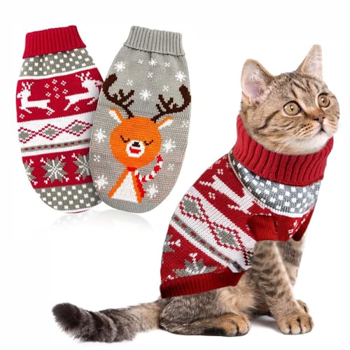 LATRAT 2er-Pack Weihnachts-Katzen-Hunde-Pullover, Schneeflocken, Rentier-Motiv, Strickwaren,Winterhaustierkleidung,Warme Haustierpullover für Kätzchen und kleine Hunde (M, Elch + Kitz) (Rot, XL) von LATRAT