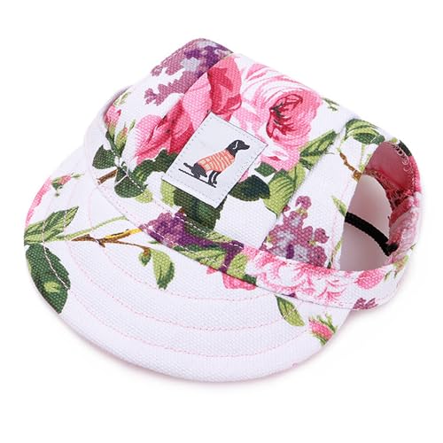 LATRAT Hunde Baseballmütze, Basecap Verstellbar Sonnenschutz Hut Hundecap mit Ohrlöchern Sommer Schattierungshut Outdoor (Flower, L) von LATRAT