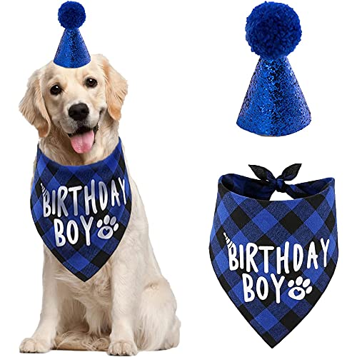 LATRAT Hunde Bandana Junge Mädchenm Welpe Geburtstags Hut Schal klassisches Kariertes Design，Hut Hundegeburtstagskrawatte Krawatten Hund Halstuch Bandana Hunde Zubehör(Blau) von LATRAT