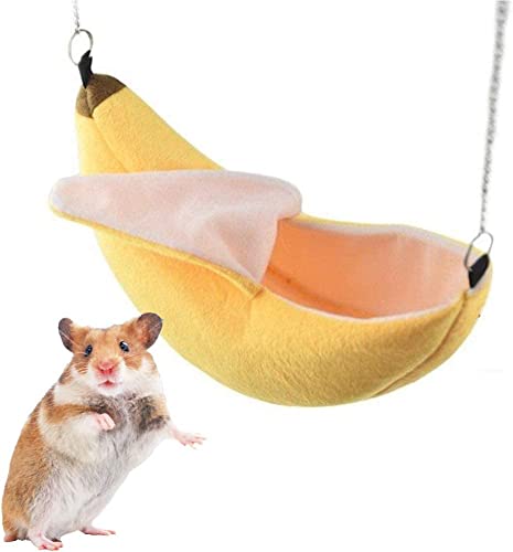 LATRAT Kleine Tiere Warm Plüsch Kuschelbett Kuschelhöhle Hängebett Käfig Schlaf Nest für Haustier-Hamster-Bett, Bananen-Form-hängendes Schlafenhaus-Winter-warme Käfig-Matte für Gerbils Chinchillas Meerschweinchen Kleintiere (Gelb) von LATRAT