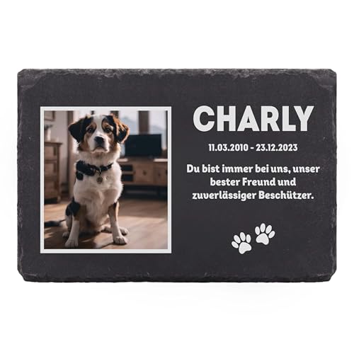 LAUBLUST Personalisierte Grabplatte mit Name & Foto als Grabschmuck für Hund, Katze & andere Haustiere - Erinnerung Motiv, 3 Größen | Schieferplatte mit Gravur als Tiergrabstein Deko & Tiere Grabtafel von LAUBLUST