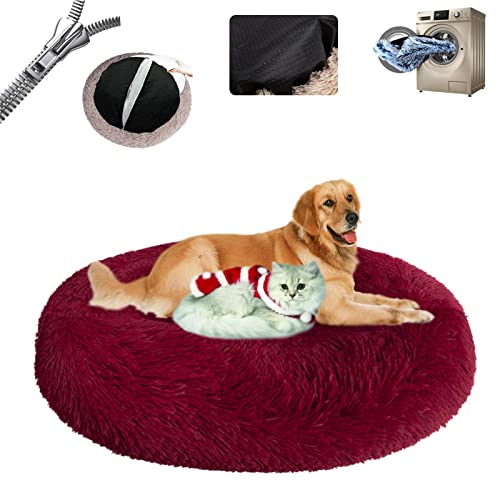 Gross Hund,Haustierbett Flauschig ​Waschbar Abnehmbares Wärmendes und Comfy ​Haustierkissen in Donut Rutschfester Unterseite für Kleine Mittelgroße und Große ​- Red Wine|| Ø100/39in(3XL) von LAUDS