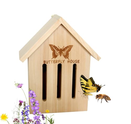 Insektenhaus Schmetterlingshaus mit Dach/Holz Natur Insektenhotel mit Boden - Ganzjährig für Insekten, Bienen, Schmetterlinge zum aufhängen (Schmetterlingshaus) von LB H&F