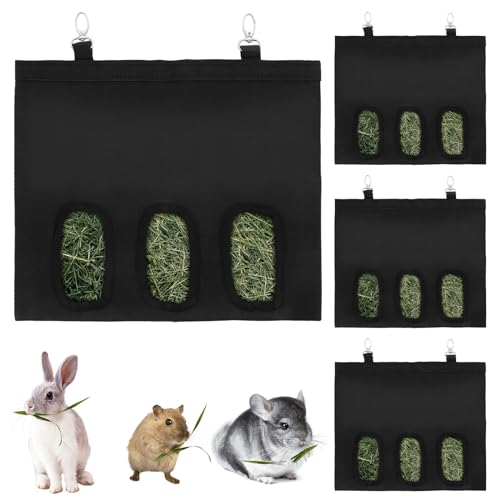 LDXDRU Heu-Futterspender für Kaninchen, Heubeutel für Kaninchen, Kleintiere, zum Aufhängen, für Kaninchen, Chinchillas, Hamster, Ratten und andere kleine Haustiere, Kleintiere, 4 Stück (schwarz) von LDXDRU