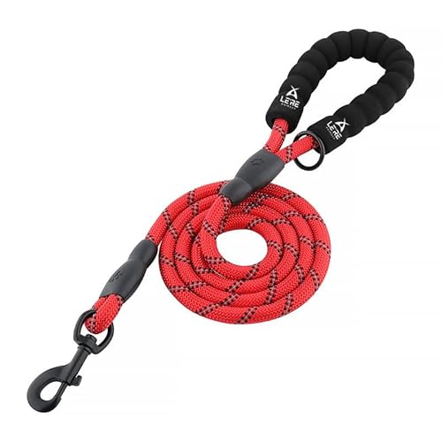 LE'RE Kaufeste Hundeleine, 1,5 m, robuste Nylon-Hundeleine mit stark reflektierendem Faden und bequemem, weich gepolstertem Griff, ideal für das Training von mittleren und großen Hunden (rot) von LE'RE