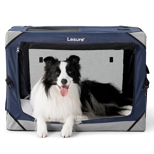 Lesure Hundebox Faltbar, Transportbox Hund, Stabile Transportbox mit Tragegriffen, 82x58x58 cm, Klein & Groß Hundebox Faltbar, Atmungsaktiv Tragbar Transportabel, Oxford-Gewebe, Navy blau von LE SURE