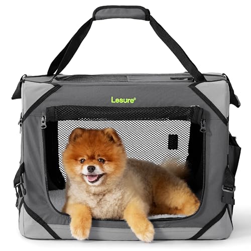 Lesure Hundebox Faltbar, Transportbox Hund, Stabile Transportbox mit Tragegriffen 51x33x38 cm, Klein & Groß Hundebox Faltbar, Atmungsaktiv Tragbar Transportabel, Oxford-Gewebe, Grau von LE SURE