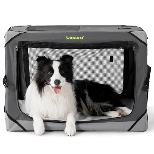 Lesure Hundebox Faltbar, Transportbox Hund, Stabile Transportbox mit Tragegriffen 82x58x58 cm, Klein & Groß Hundebox Faltbar, Atmungsaktiv Tragbar Transportabel, Oxford-Gewebe, Grau von LE SURE