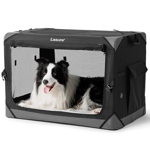 Lesure Hundebox Faltbar, Transportbox Hund, Stabile Transportbox mit Tragegriffen, 82x58x58 cm, Klein & Groß Hundebox Faltbar, Atmungsaktiv Tragbar Transportabel, Oxford-Gewebe, Schwarz von LE SURE